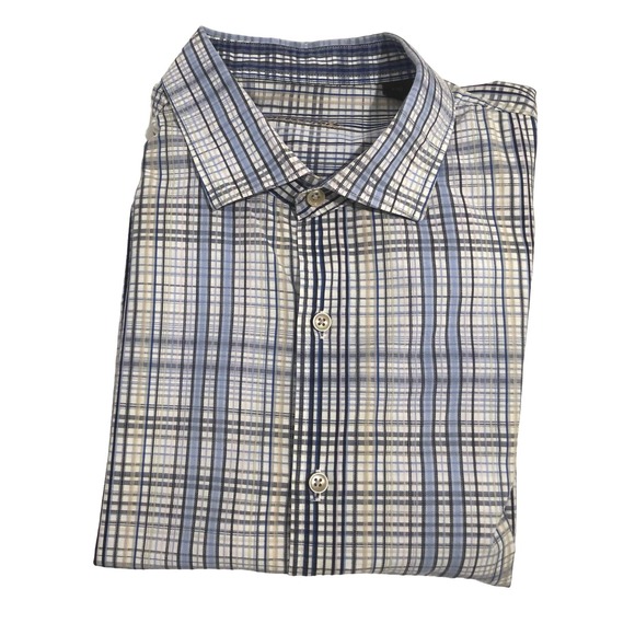 Tasso Elba Mens Blue Plaid XXL Short‎ Sleeve All Cotton Shirt - Picture 5 of 6
